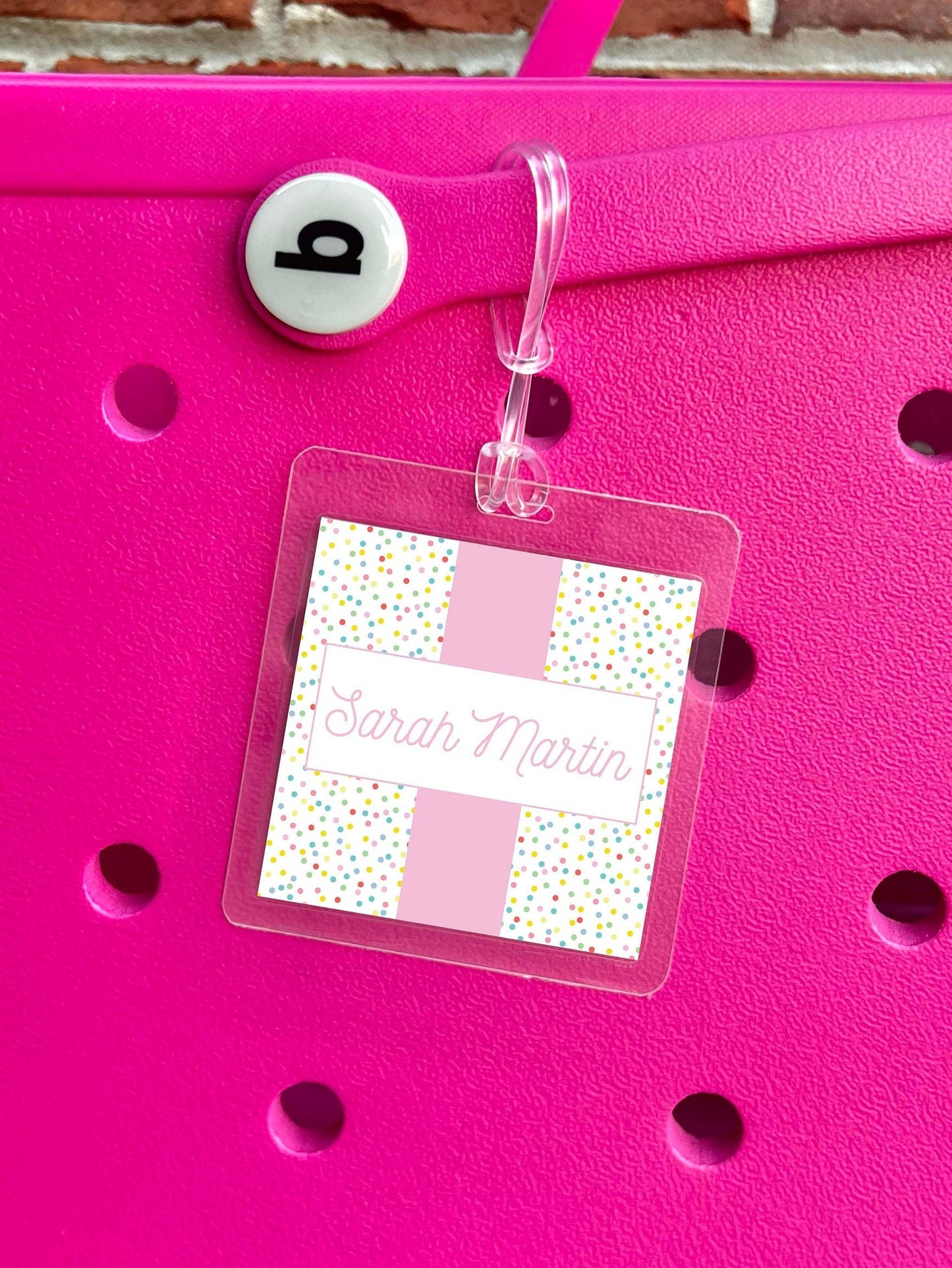 Personalized Pink Polka Dot Gingham Bag Tag, Laminated Square Girl Luggage Tag, Diaper Bag Tag