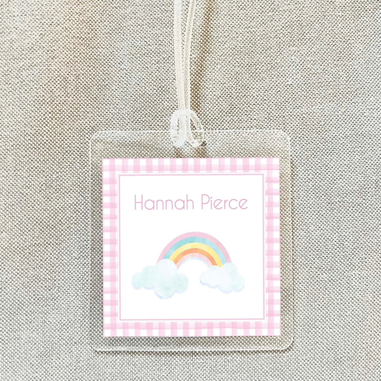 Personalized Pink Gingham Rainbow Bag Tag, Laminated Square Girl Luggage Tag, Diaper Bag Tag