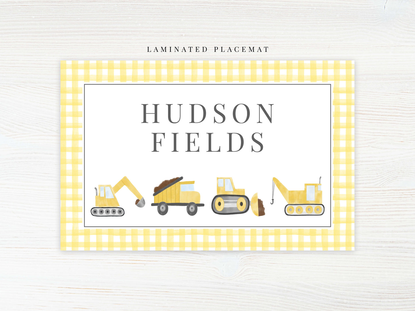 Personalized Watercolor Construction Placemat, Laminated Gingham Boy Placemat