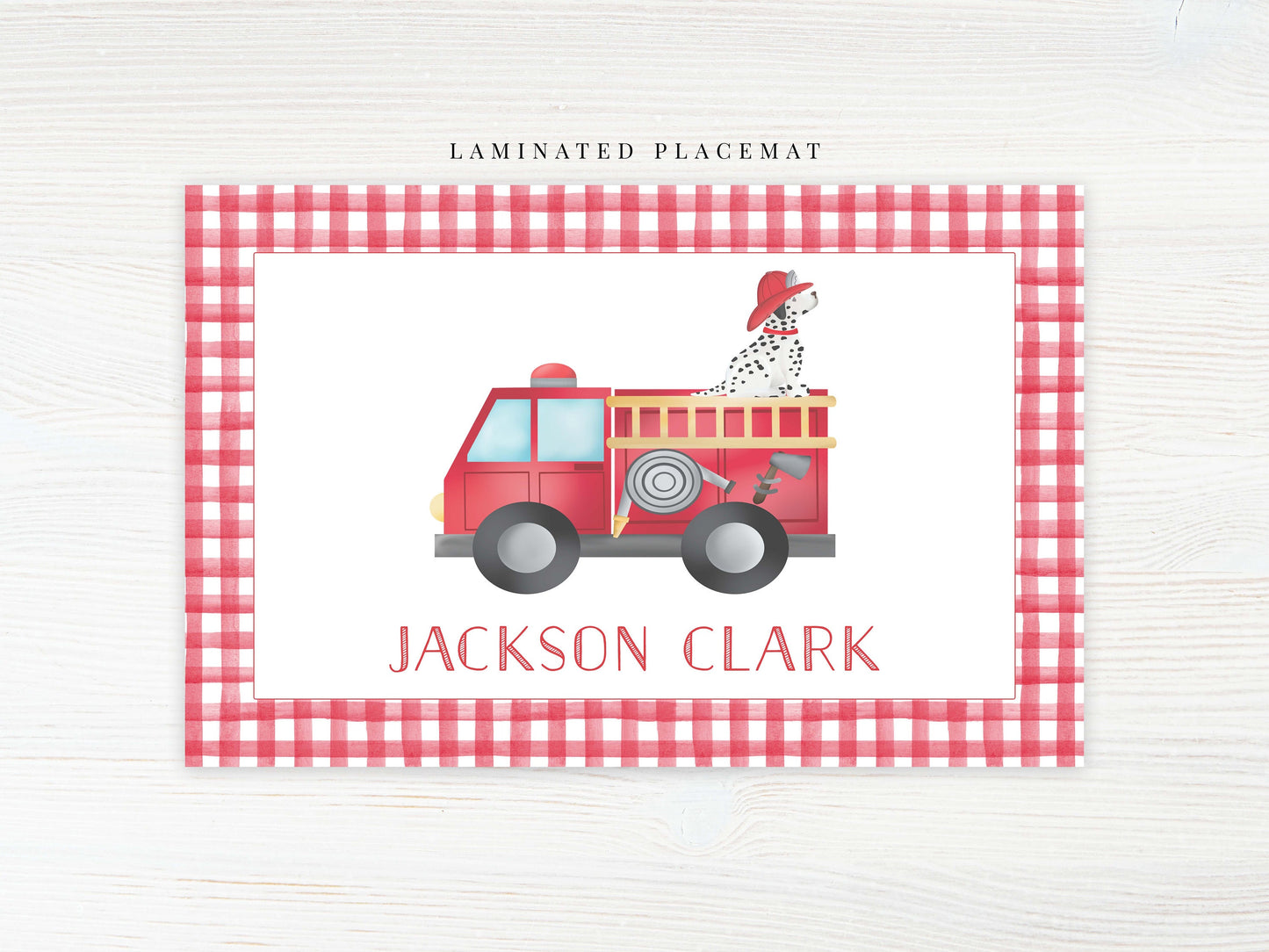 Personalized Firetruck Dalmation Placemat, Laminated Gingham Boy Placemat