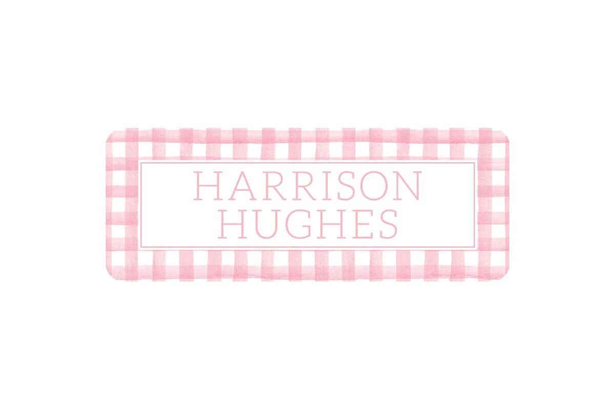 Personalized Vinyl Light Pink Gingham Name Labels | *NOT Dishwasher Safe*