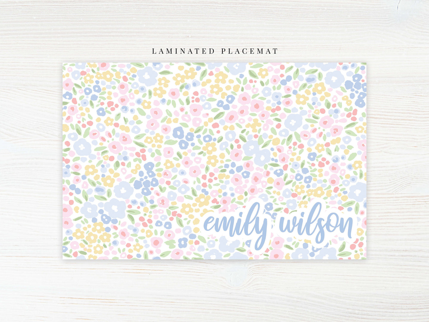 Personalized Watercolor Floral Placemat, Laminated Pink Blue Girl Placemat