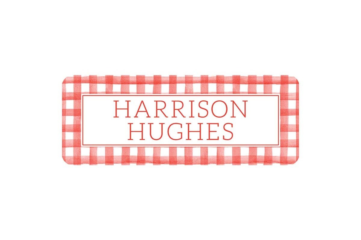Personalized Vinyl Red Gingham Name Labels | *NOT Dishwasher Safe*