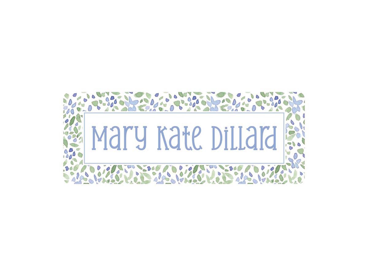 60 Personalized Vinyl Blue Green Floral Name Labels | *NOT Dishwasher Safe*