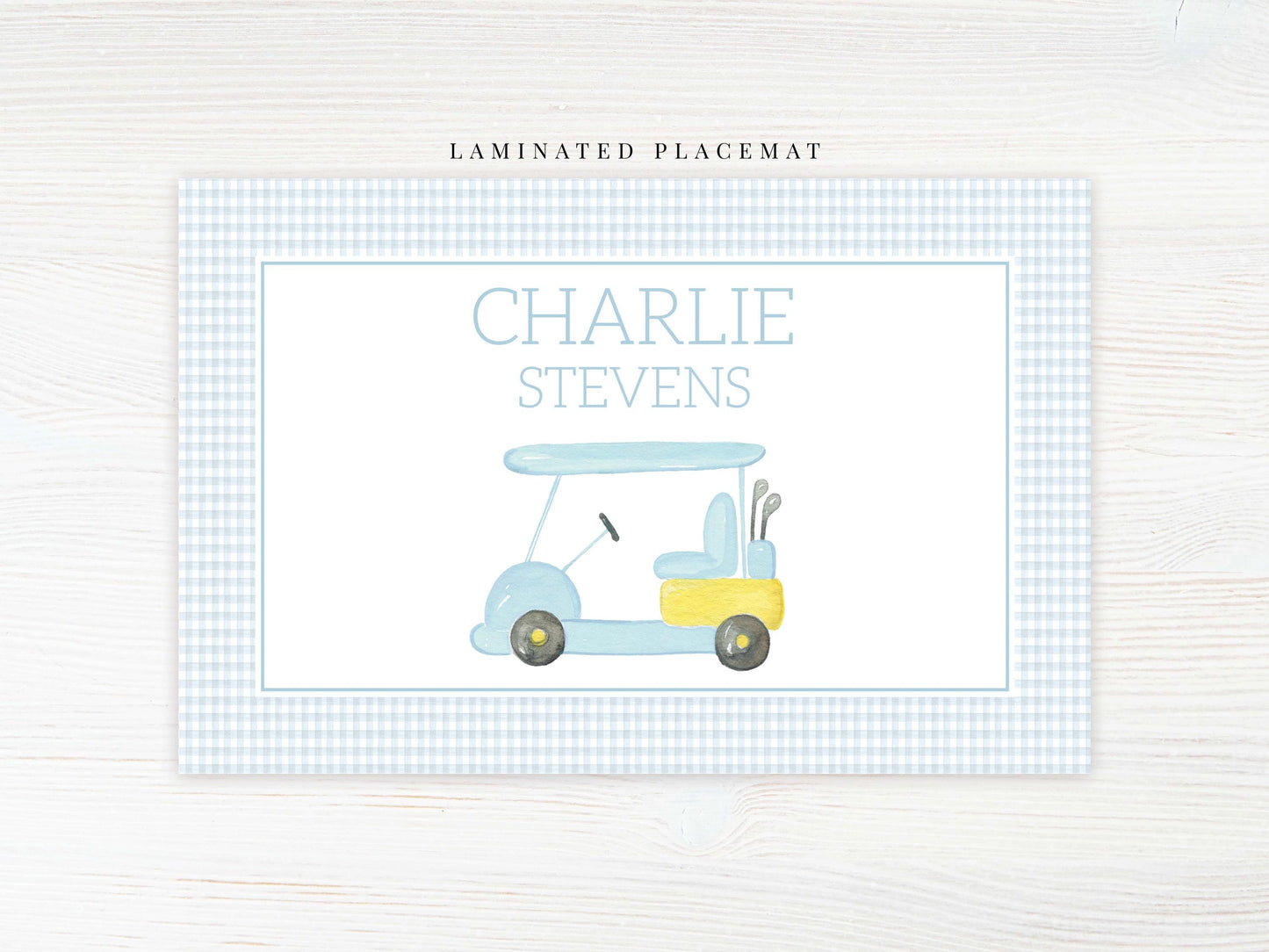 Personalized Watercolor Golf Placemat, Laminated Gingham Boy Placemat