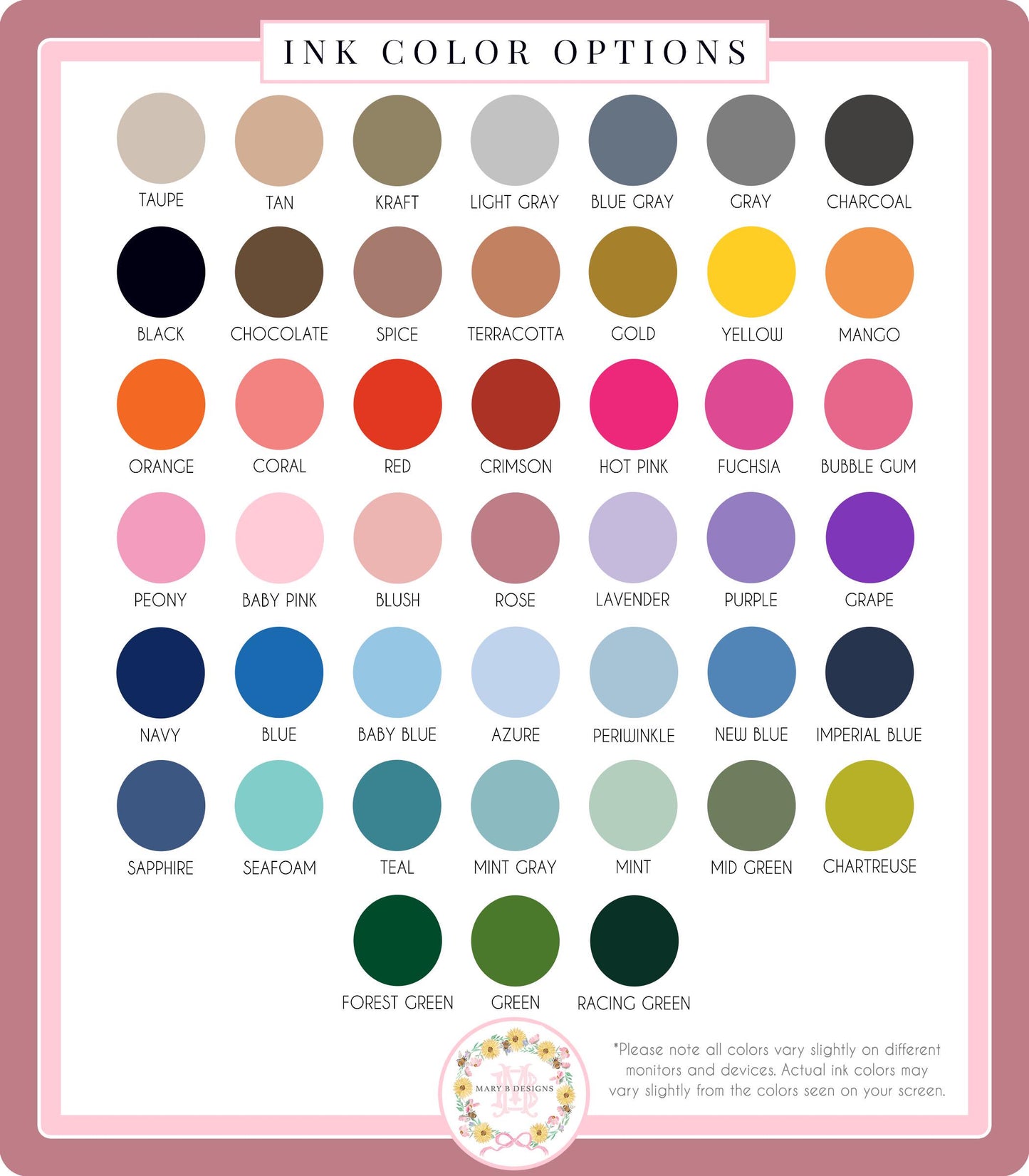 a collection of various ink color options, including shades of brown, black, green, and more, arranged in a grid format.