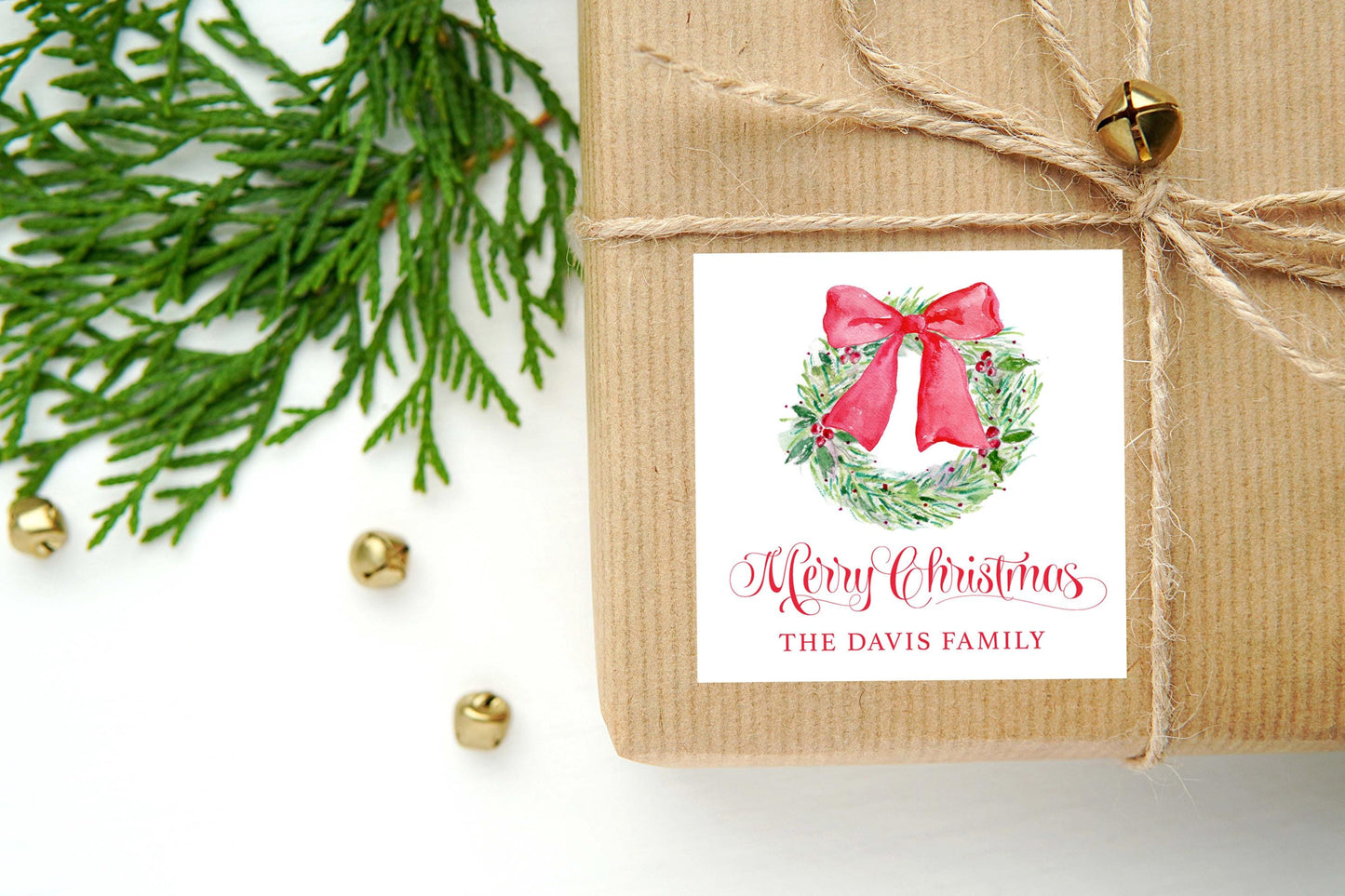 Personalized Watercolor Christmas Calling Card or Sticker | Wreath Bow Enclosure Card