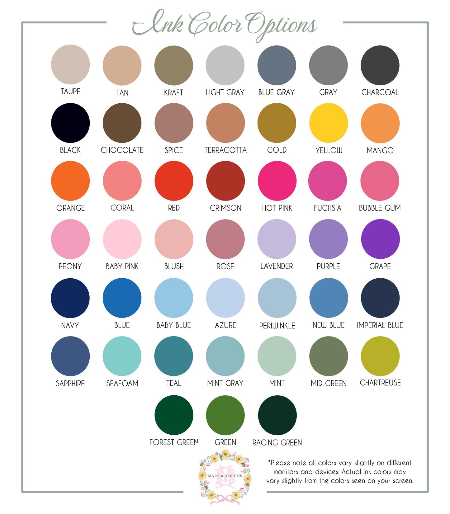a collection of various ink color options, including different shades of black, brown, red, orange, coral, and more. The colors are presented in a grid format, allowing for easy comparison and selection. The image does not contain any text, and the colors are described in detail, avoiding redundancy and focusing on the subtle differences between the colors seen on the screen.