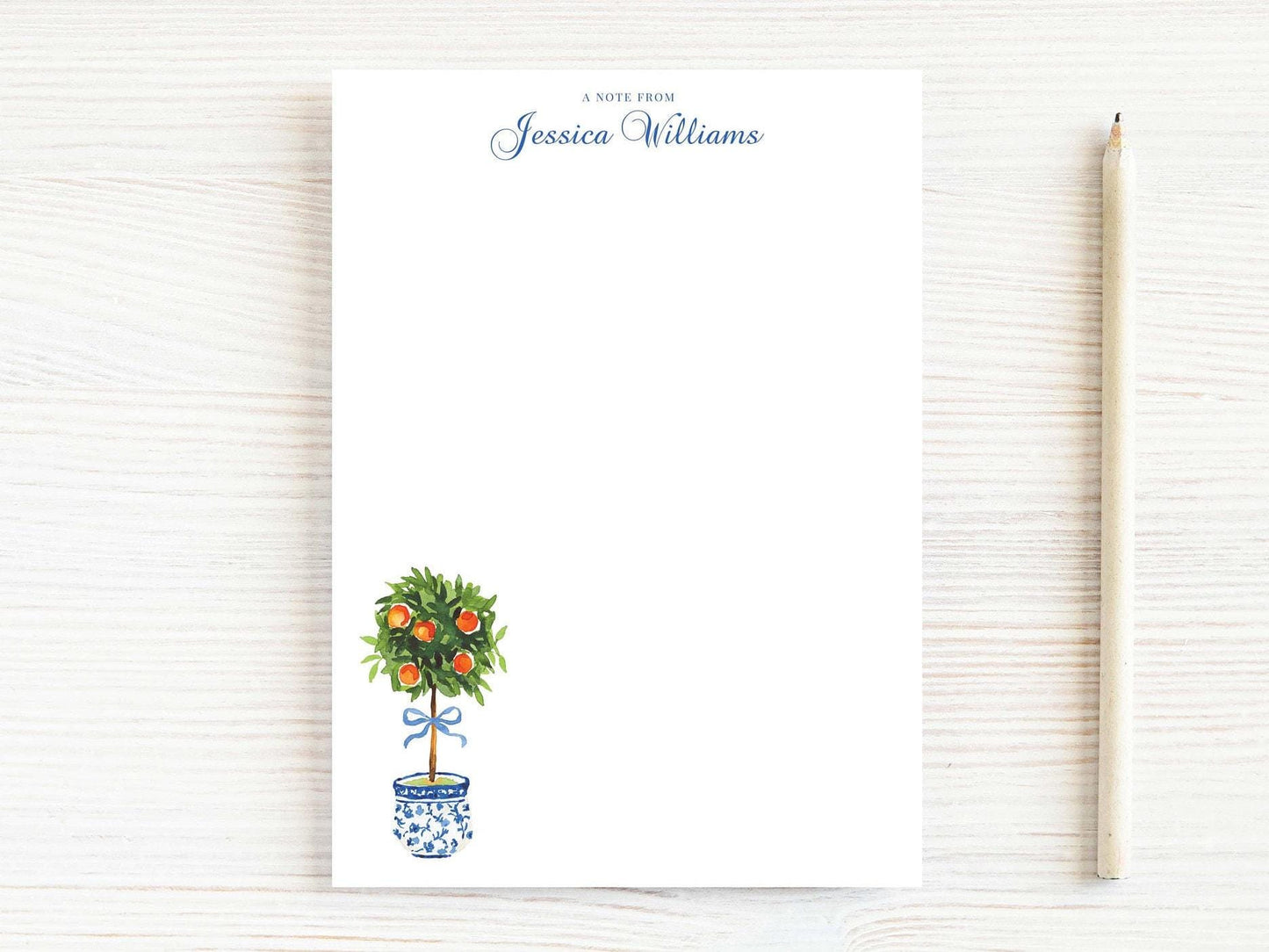 Personalized 5.5X5.5 or 5X7 Orange Topiary Notepad, Women Greenery Note