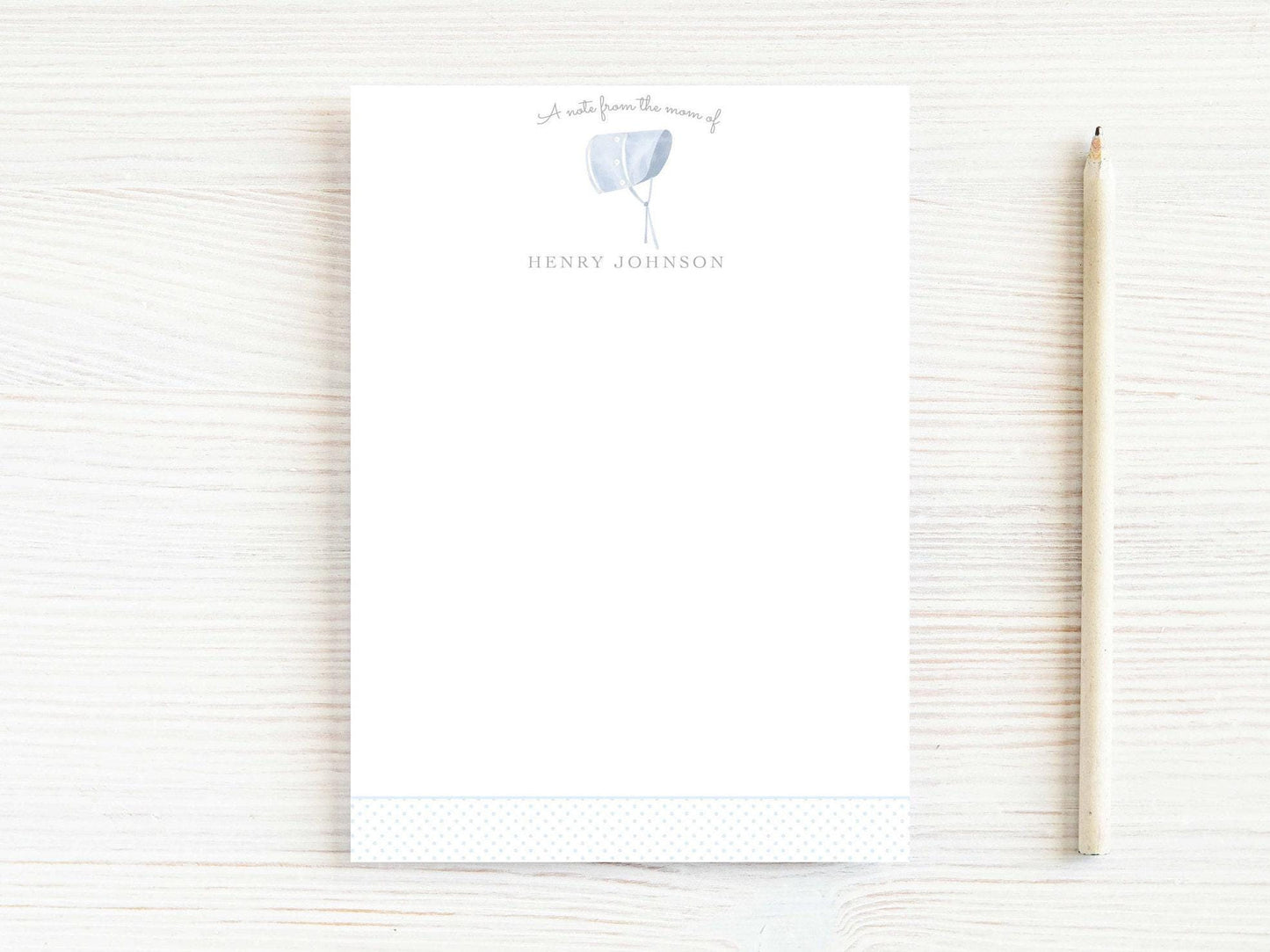 Personalized 5.5X5.5 or 5X7 Blue Bonnet Notepad, Baby Boy Newborn Note