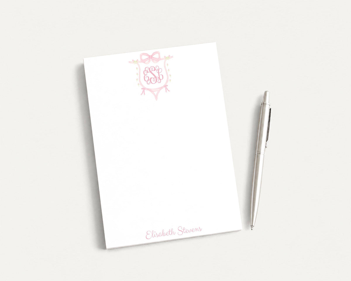Personalized 5.5X5.5 or 5X7 Bow Crest Monogram Notepad, Pink Girl Initials Note __etsy:8558076472