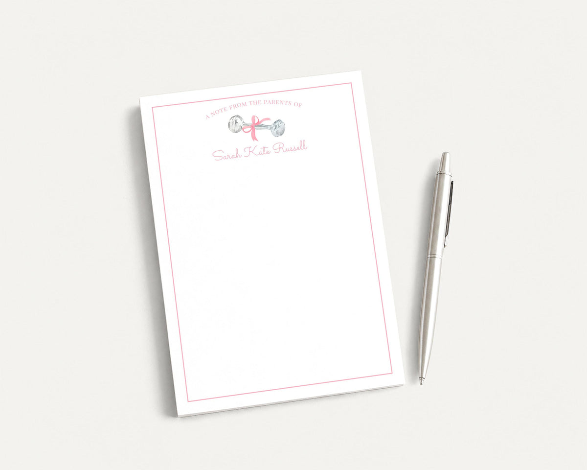 Personalized 5.5X5.5 or 5X7 Pink Baby Rattle Notepad, Newborn Girl Notes __etsy:8558084644