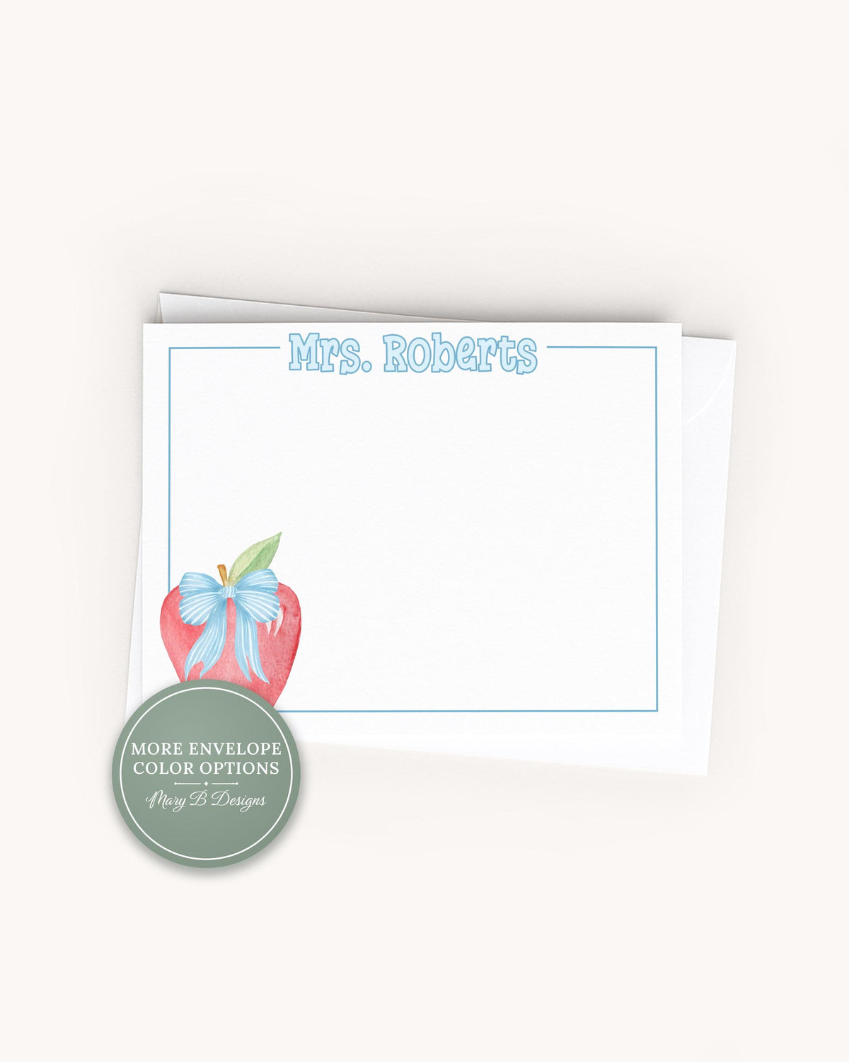 Personalized Apple Blue Bow Flat Note Card, Woman Teacher Notecard Set, Back to school stationery __etsy:8572379604