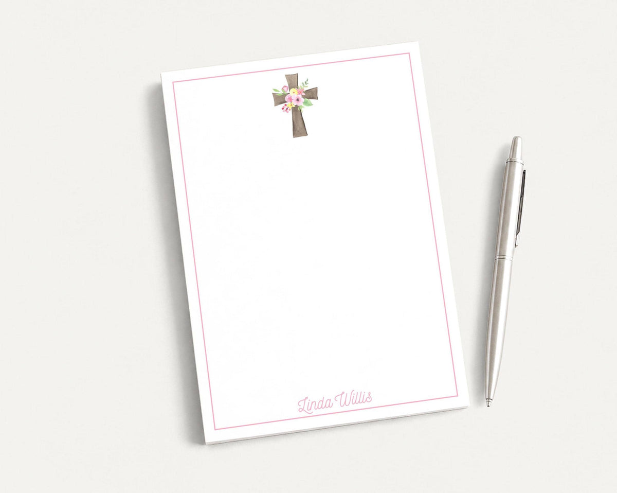 Personalized 5.5X5.5 or 5X7 Watercolor Cross Notepad, Women Pink Floral Notes __etsy:8605587287
