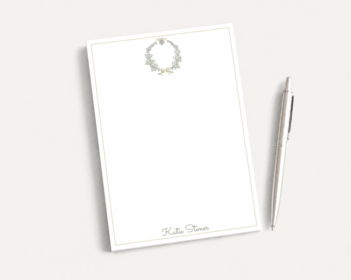 Personalized 5.5X5.5 or 5X7 Bee Wreath Notepad, Women Laurel Classy Notes __etsy:8605620057