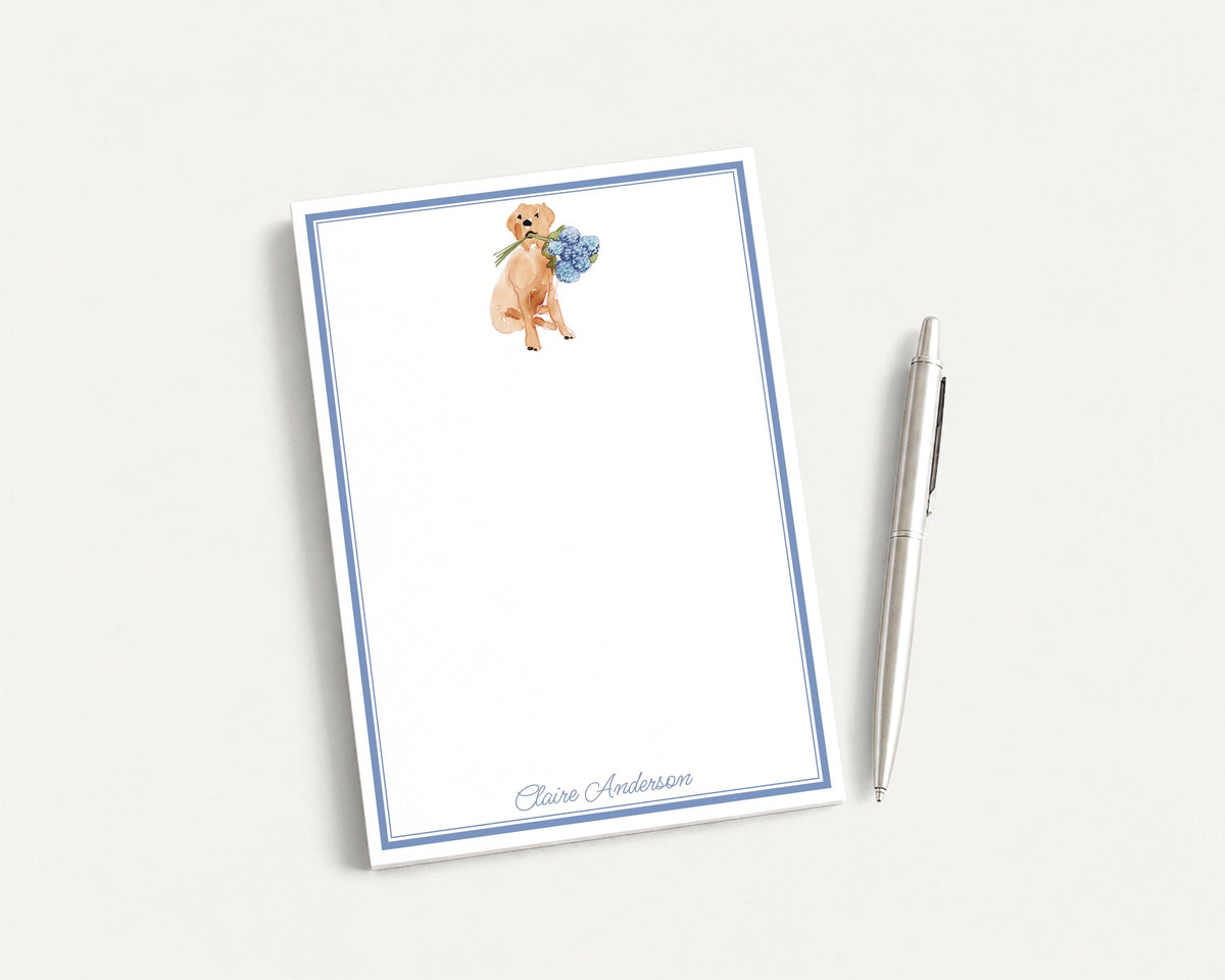 Personalized 5.5X5.5 or 5X7 Watercolor Floral Yellow Labrador Notepad, Blue Dog Lab Note Pad __etsy:8605920443