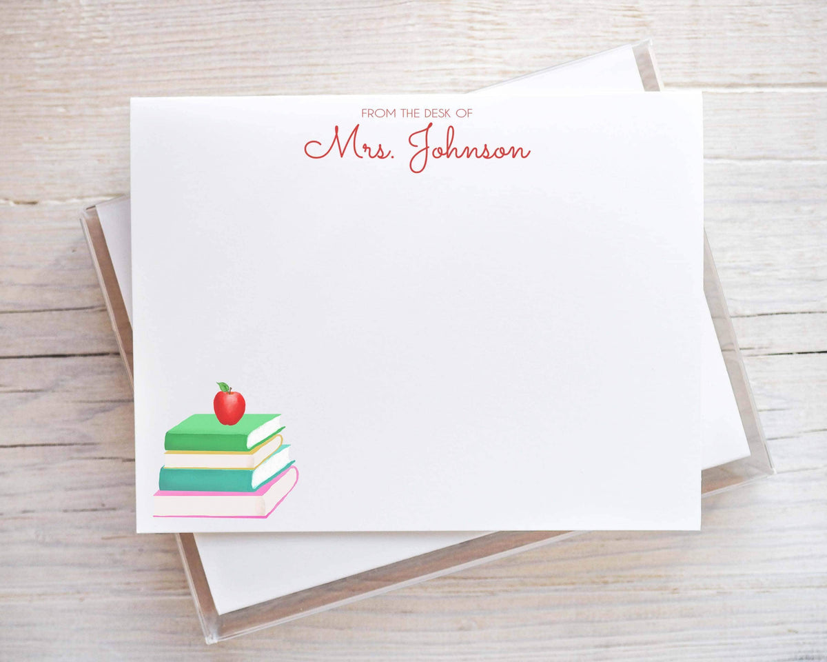Personalized Teacher Apple Stationery, Back to school Flat Notecard Set, Book Stack __etsy:8619081482