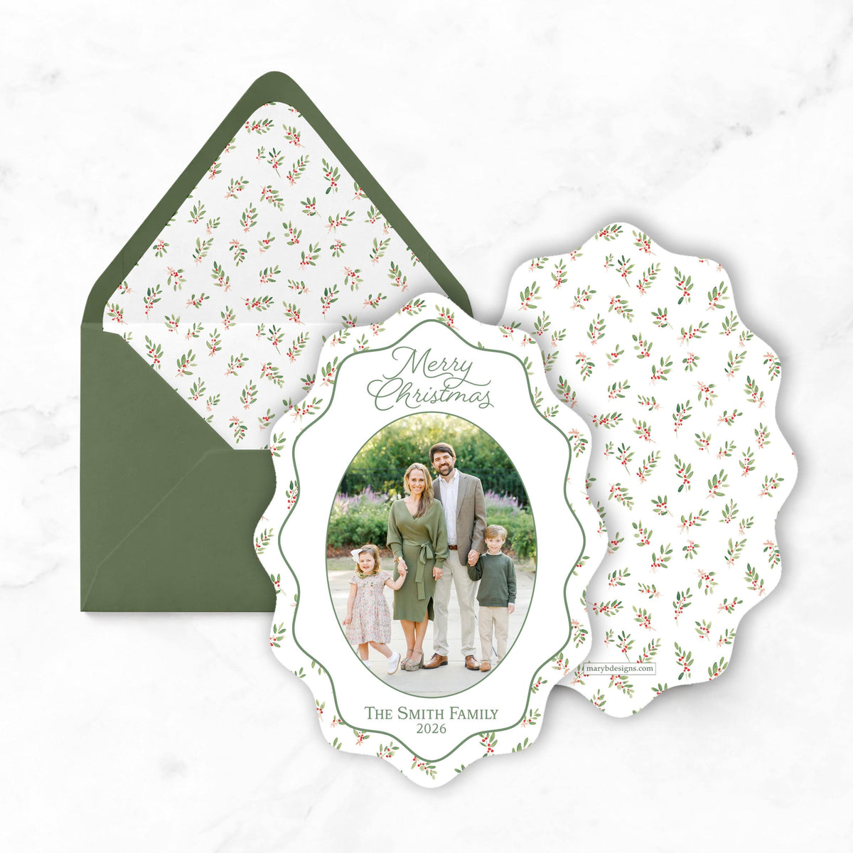 A Christmas card featuring a family photo of a man, woman, and two children, along with the text "Merry Christmas" and "The Smith Family 2020".