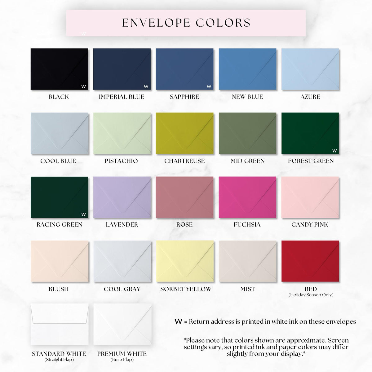 a collection of envelope colors, including black, navy blue, white, and various shades of blue, green, and pink.
