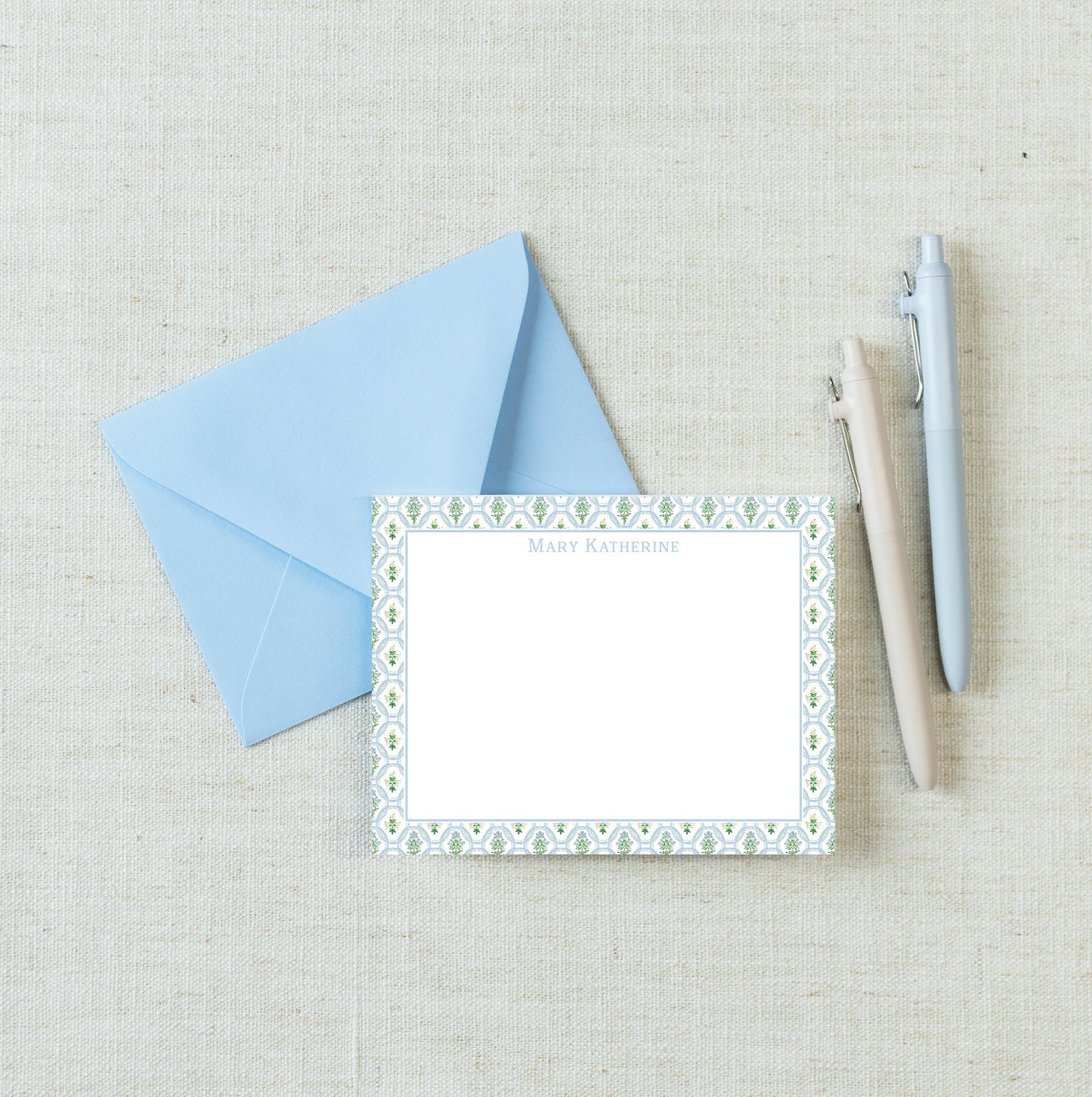 Personalized A2 Size Watercolor Greenery Stationery, Girl Floral Flat Notecard Set