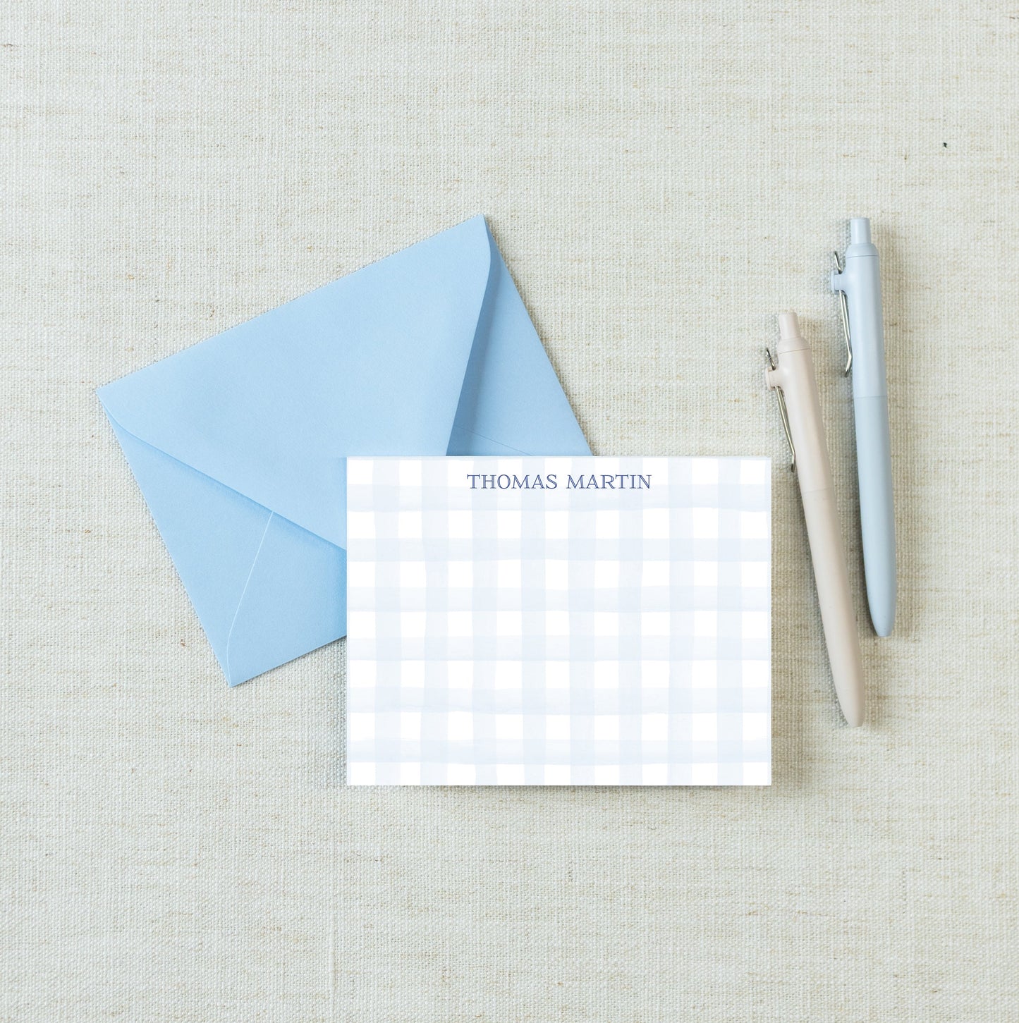 Personalized A2 Size Watercolor Gingham Stationery, Boy Blue Flat Notecard Set