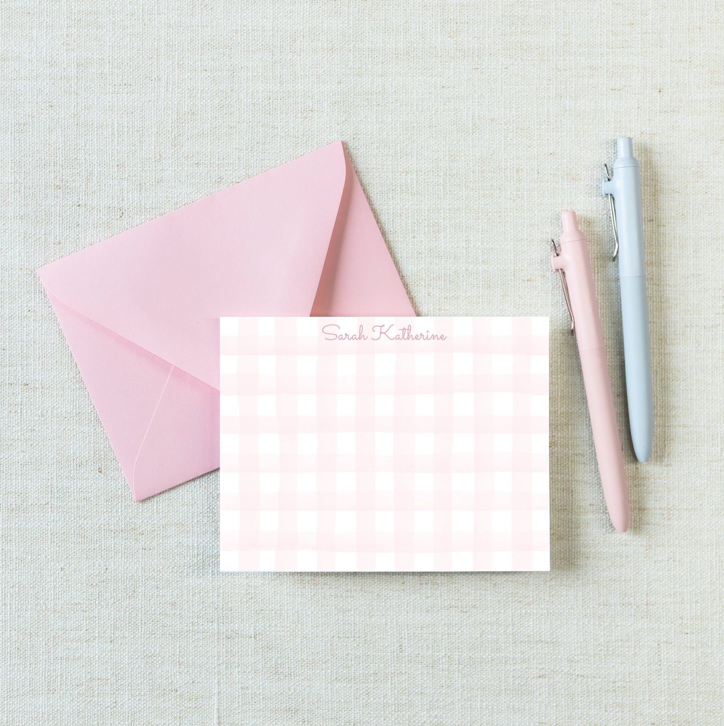 Personalized A2 Size Pink Watercolor Gingham Stationery, Colorful Girl Women Flat Notecard Set
