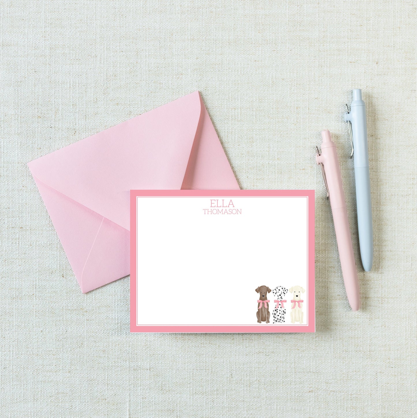 Personalized A2 Size Watercolor Pink Bow Dog Stationery, Puppy Girl Flat Notecard Set