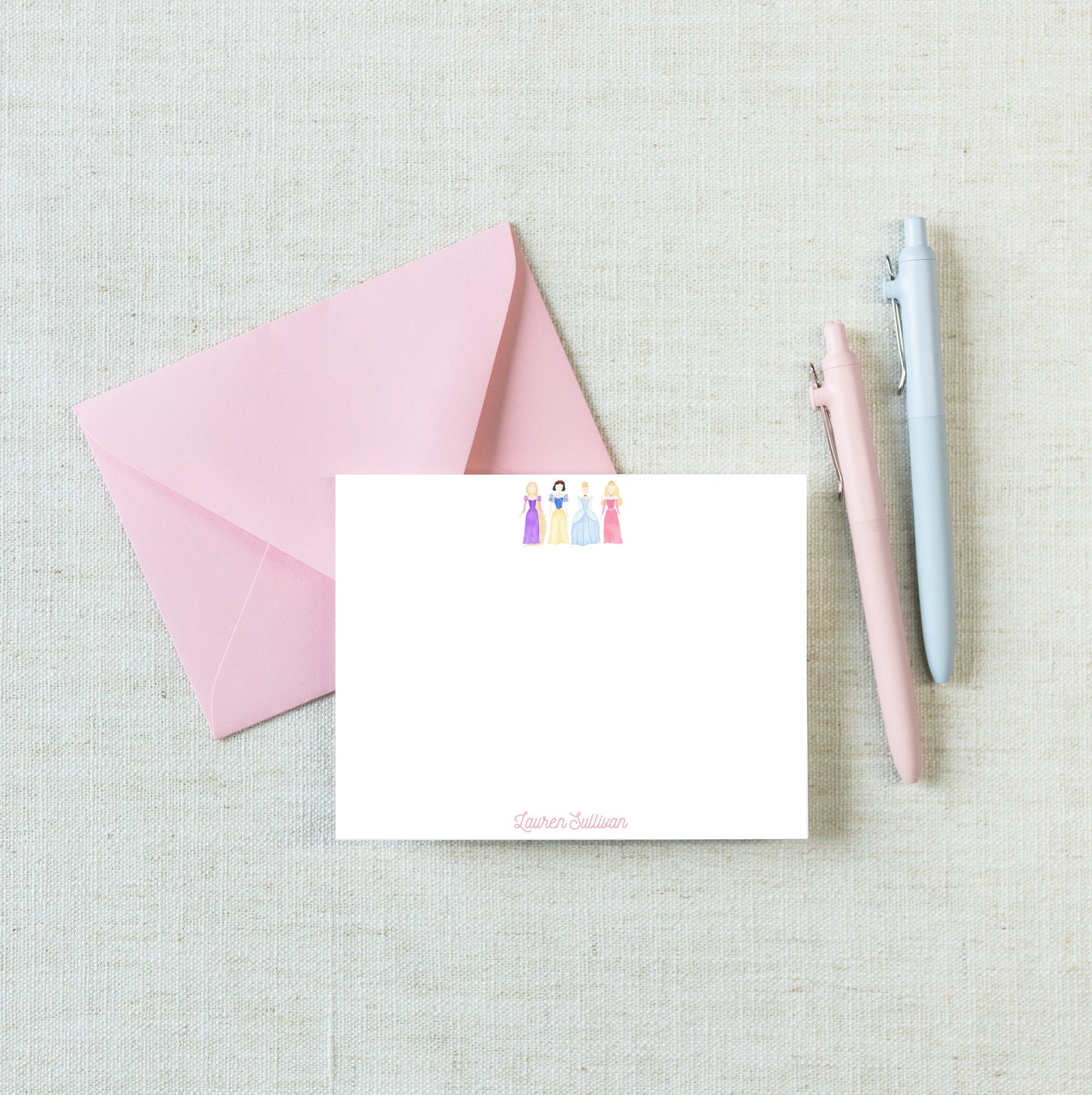 Personalized A2 Size Watercolor Princess Pink Gingham Stationery, Colorful Girl Fairytale Flat Notecard Set