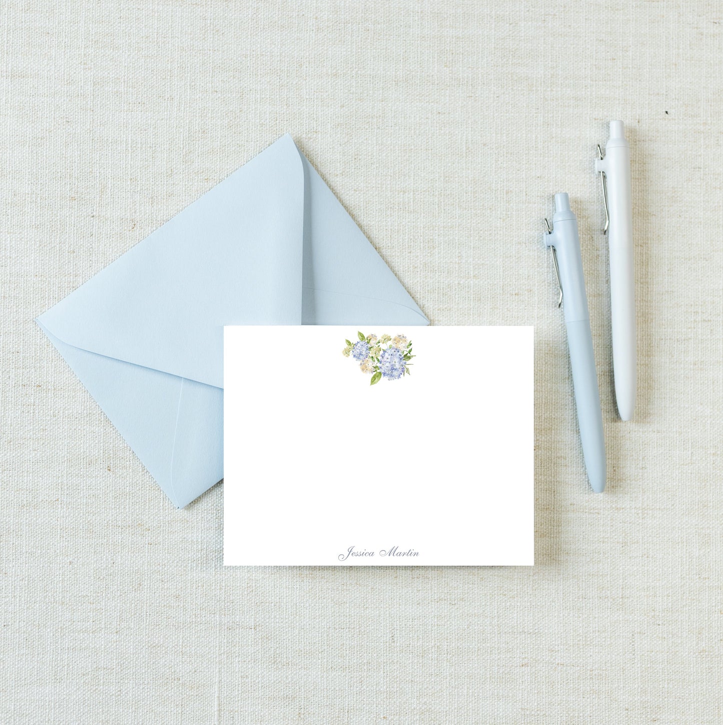 Personalized A2 Size Watercolor Green Blue Hydrangea Stationery, Floral Girl Women Flat Notecard Set