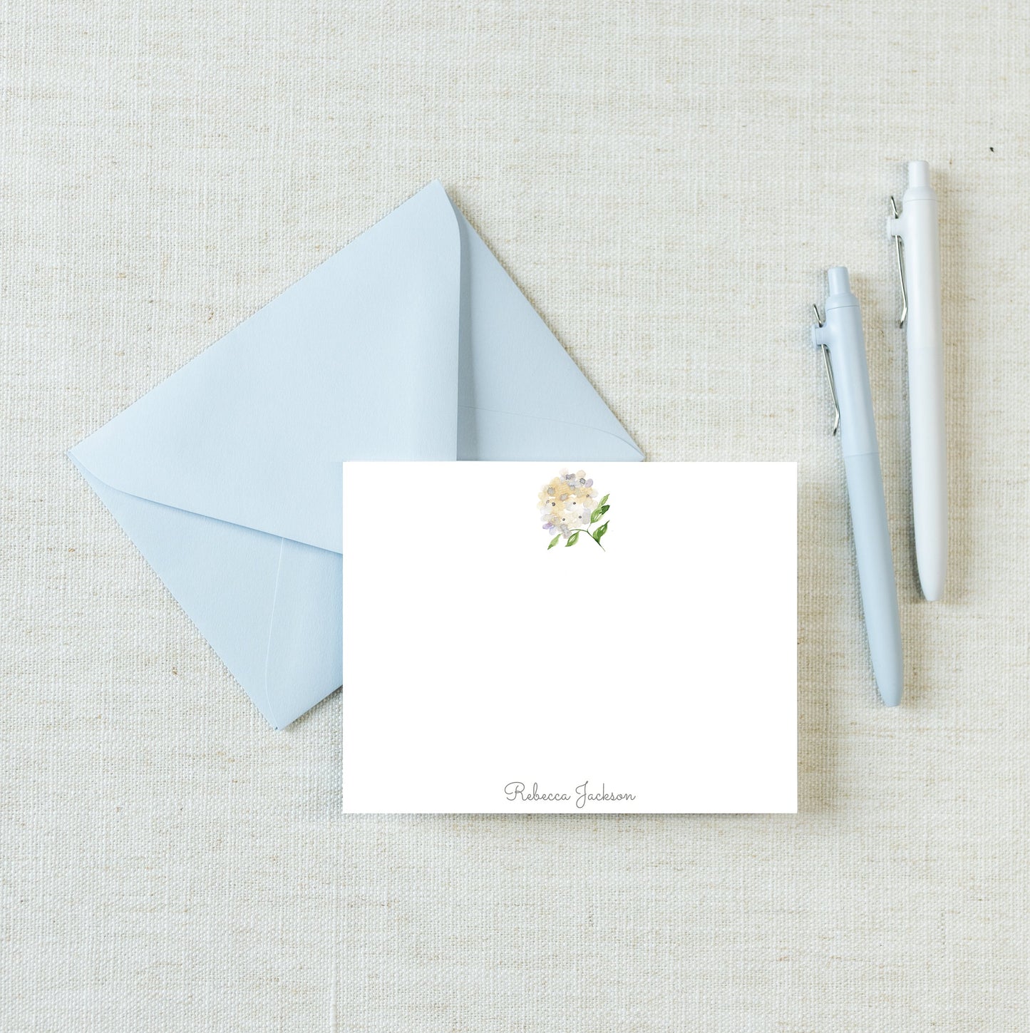 Personalized A2 Size Watercolor Green Yellow Hydrangea Stationery, Girl Floral Women Flat Notecard Set