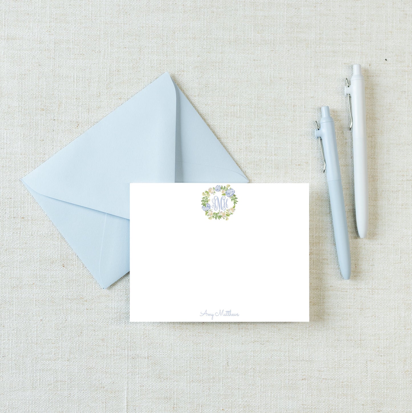 Personalized A2 Size Watercolor Hydrangea Monogram Wreath Stationery, Women Girl Flat Notecard Set