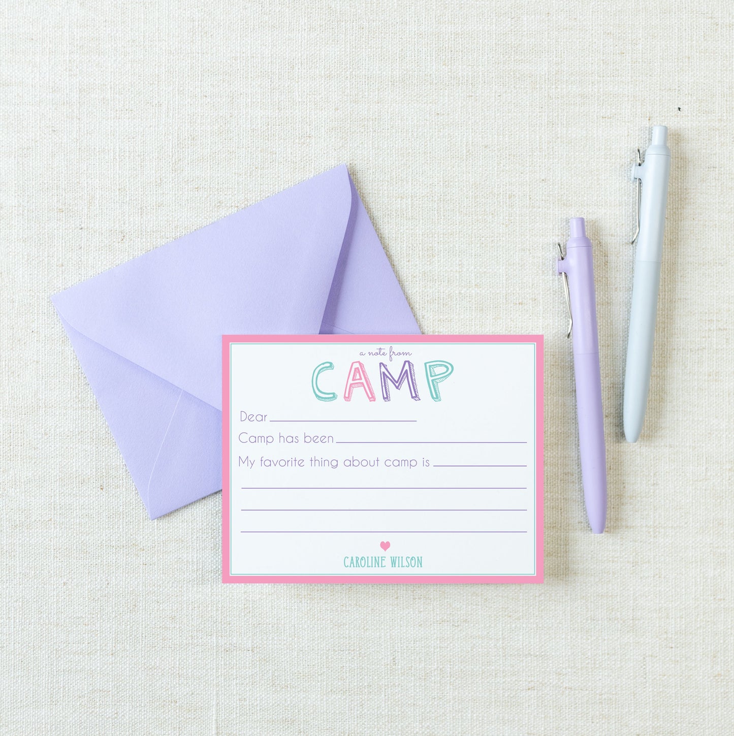 Personalized A2 Size Girl Camp Notes Stationery, Colorful Pink Summer Camp Flat Notecard Set