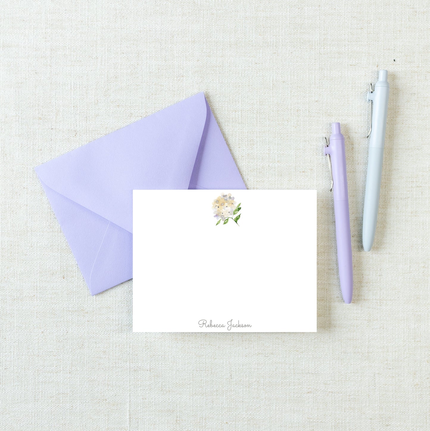 Personalized A2 Size Watercolor Green Yellow Hydrangea Stationery, Girl Floral Women Flat Notecard Set