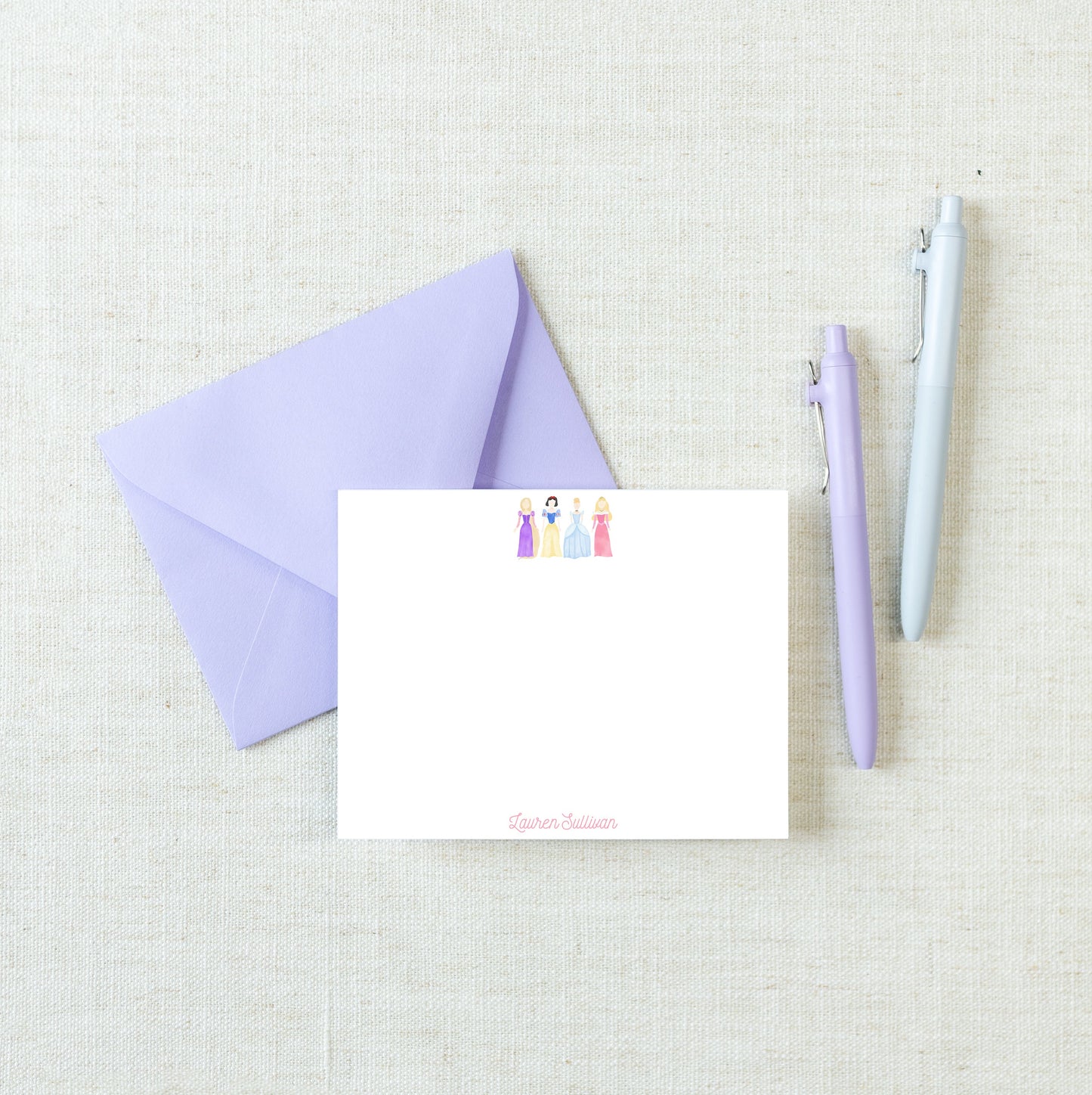 Personalized A2 Size Watercolor Princess Pink Gingham Stationery, Colorful Girl Fairytale Flat Notecard Set