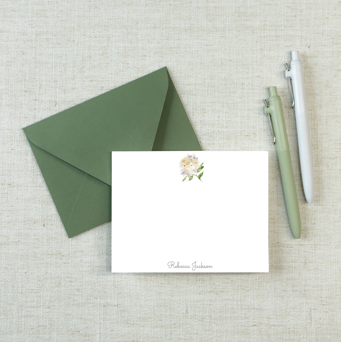 Personalized A2 Size Watercolor Green Yellow Hydrangea Stationery, Girl Floral Women Flat Notecard Set
