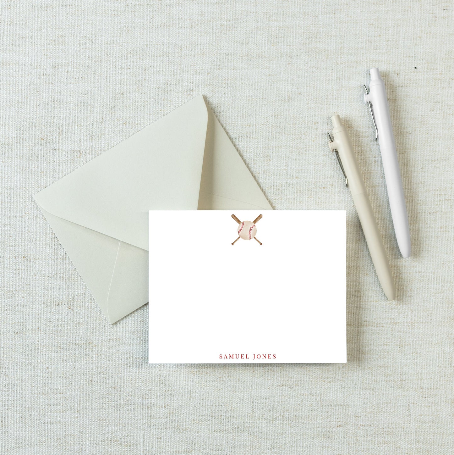 Personalized A2 Size Watercolor Bat and Ball Baseball Stationery, Boy Sports Flat Notecard Set