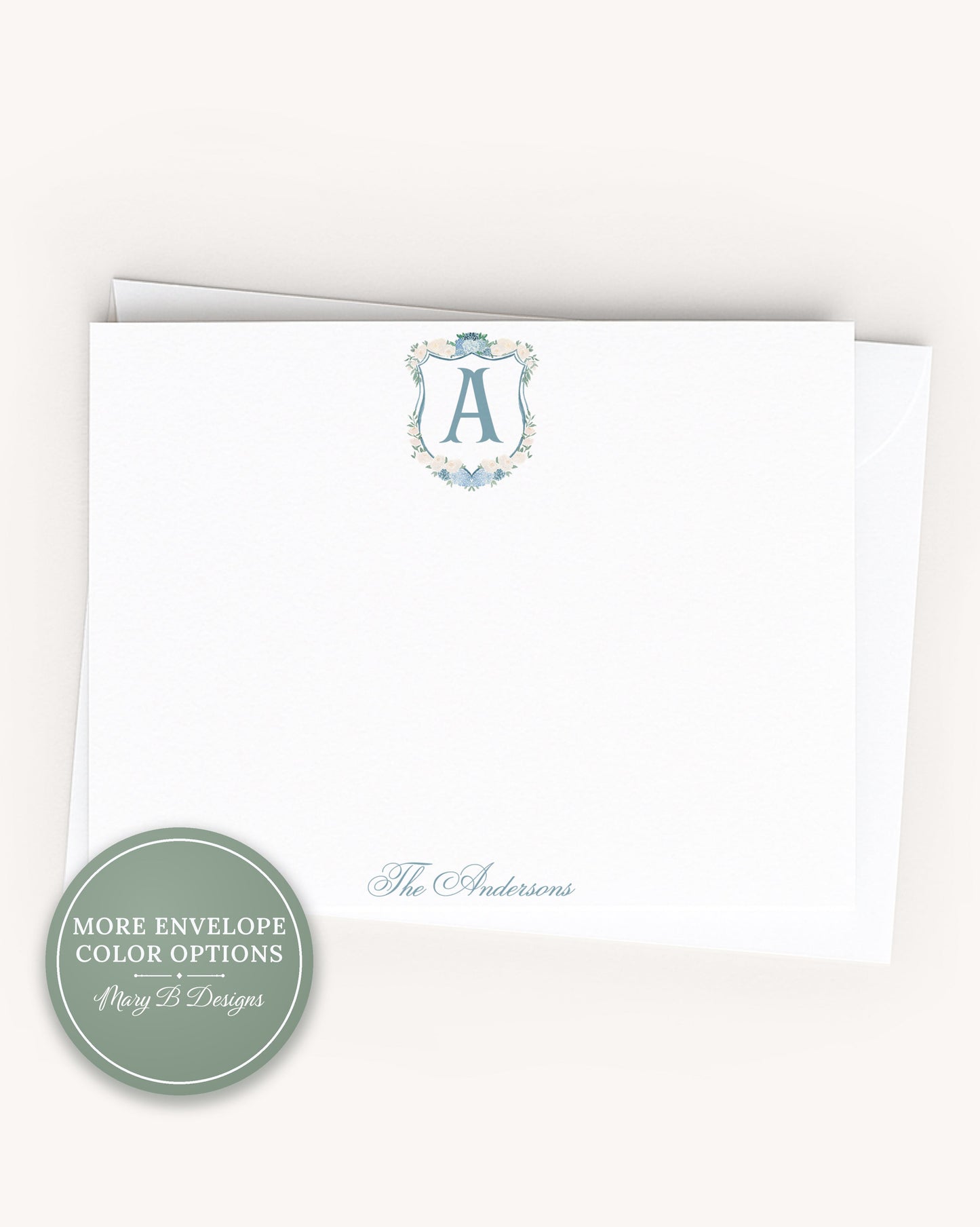 Personalized A2 Size Blue Monogram Hydrangea Crest Stationery, Family Women Initials Flat Notecard Set