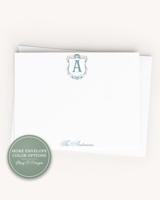 Personalized A2 Size Blue Monogram Hydrangea Crest Stationery, Family Women Initials Flat Notecard Set