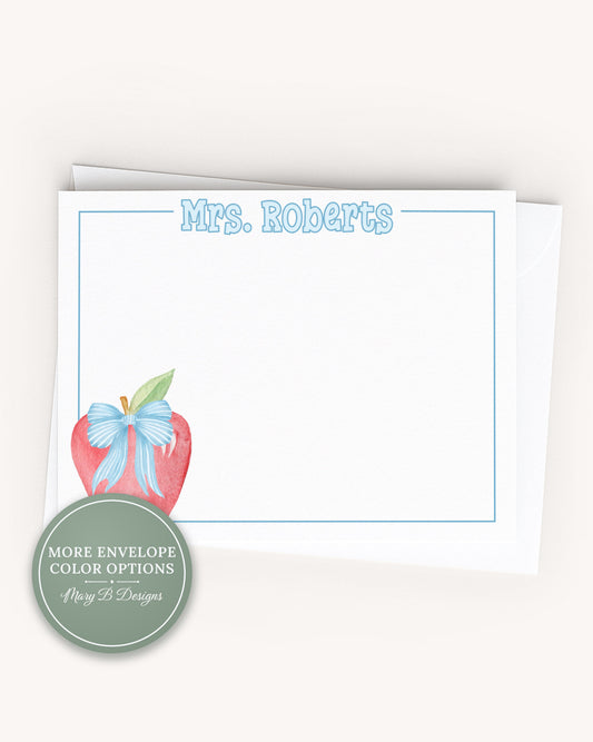Personalized Apple Blue Bow  Flat Note Card, Woman Teacher Notecard Set, Back to school stationery
