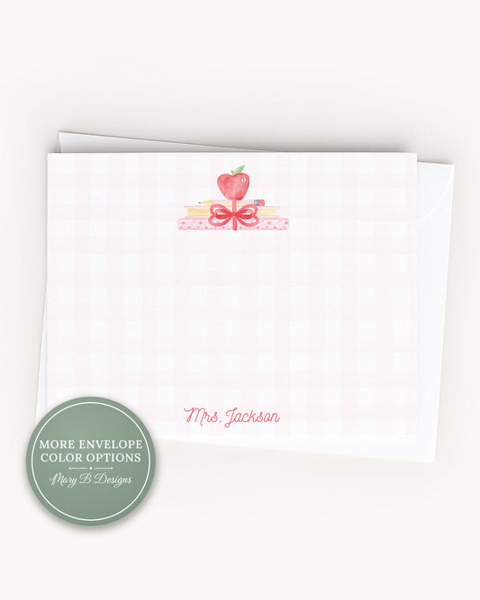 Personalized Teacher Bow Apple Stationery, Back to school Flat Notecard Set, Pink Book stack