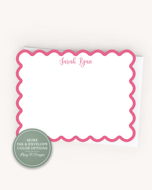 Personalized A2 Size Colored Scalloped Stationery, Colorful Scallop Girl Women Flat Notecard Set