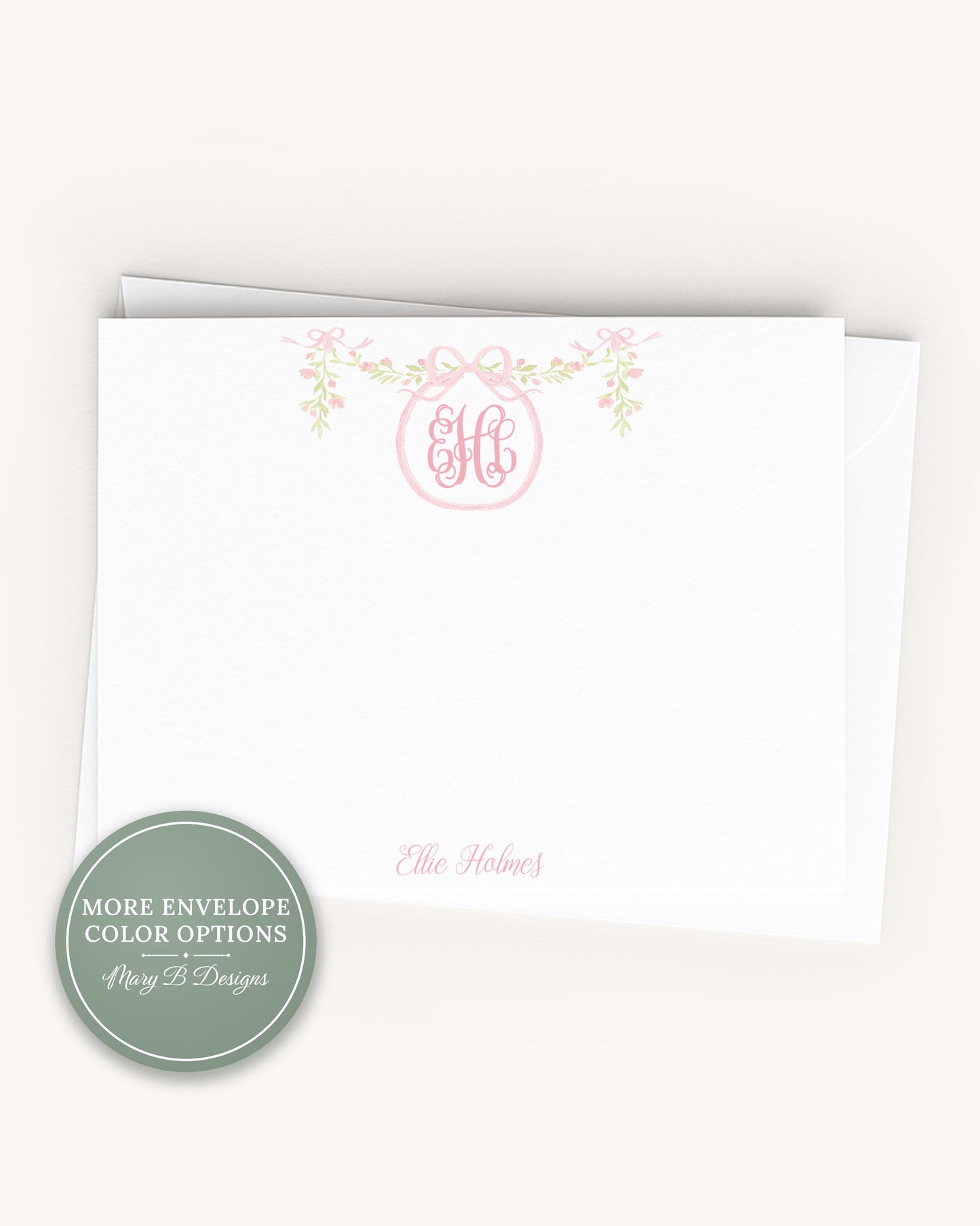 Personalized A2 Size Monogram Pink Bow Wreath Flat Notecard Set, Baby Girl Initials Stationery