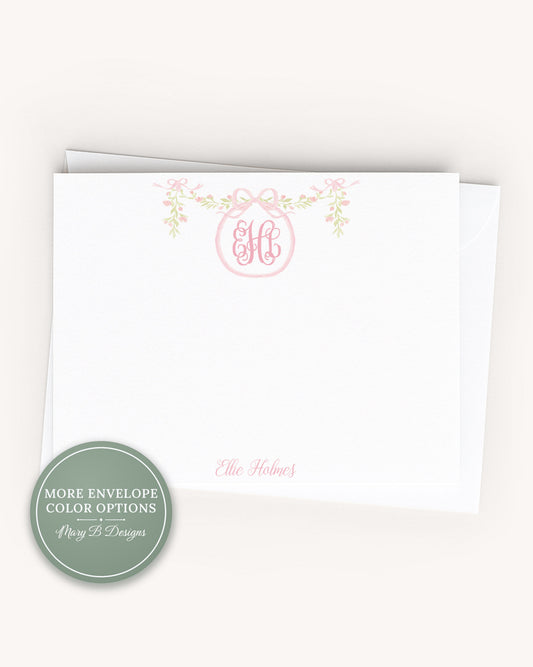 Personalized A2 Size Monogram Pink Bow Wreath Flat Notecard Set, Baby Girl Initials Stationery