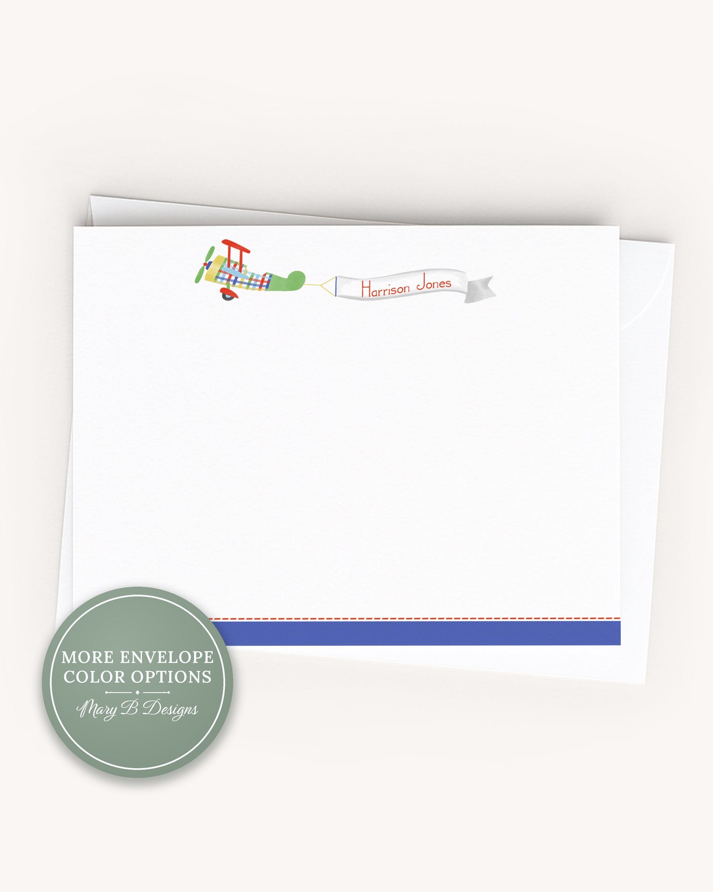 Personalized A2 Size Watercolor Airplane Stationery, Boy Red Blue Plane Flat Notecard Set