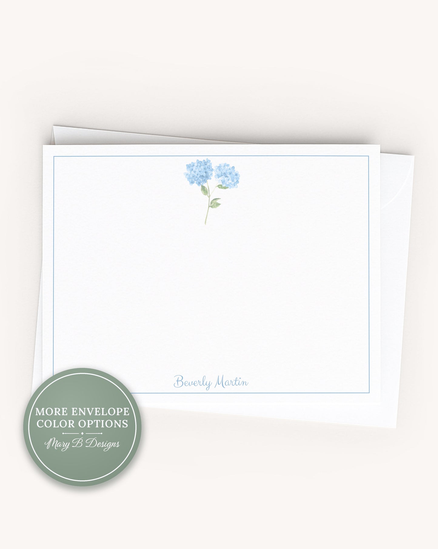 Personalized A2 Size Watercolor Blue Hydrangea Stationery, Girl Women Floral Flat Notecard Set