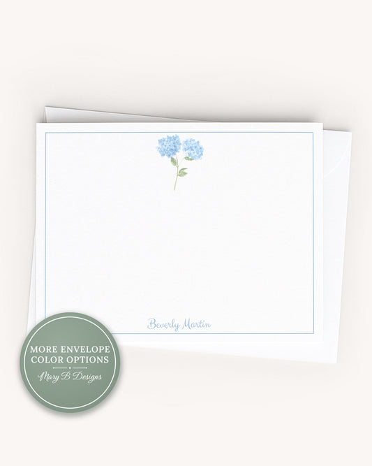 Personalized A2 Size Watercolor Blue Hydrangea Stationery, Girl Women Floral Flat Notecard Set