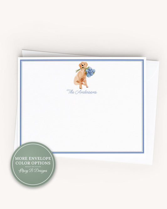 Personalized A2 Size Watercolor Floral Labrador Dog Stationery, Girl Hydrangea Yellow Lab Flat Notecard Set