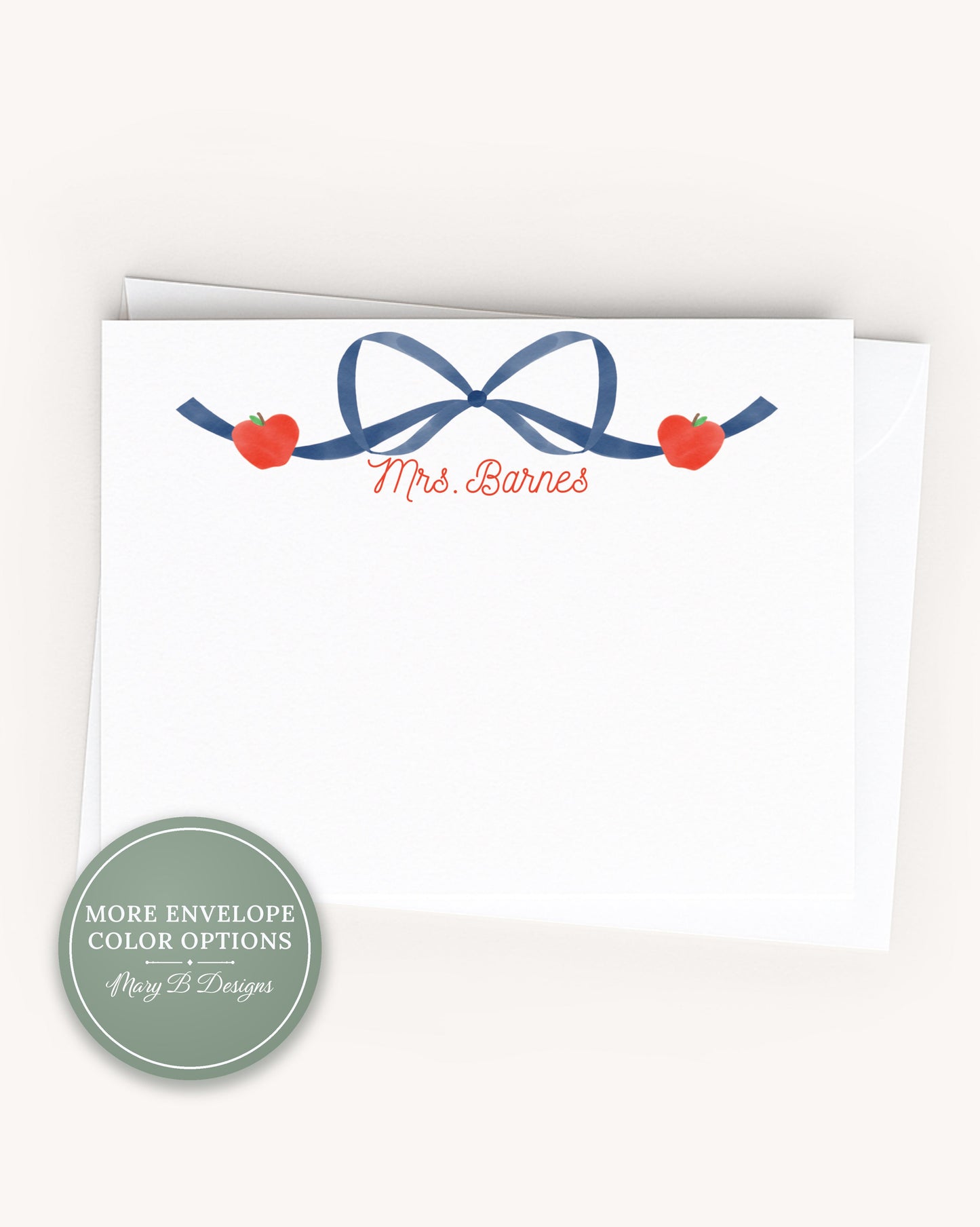 Personalized Apple Blue Bow Flat Note Card, Woman Teacher Notecard Set, Back to school stationery