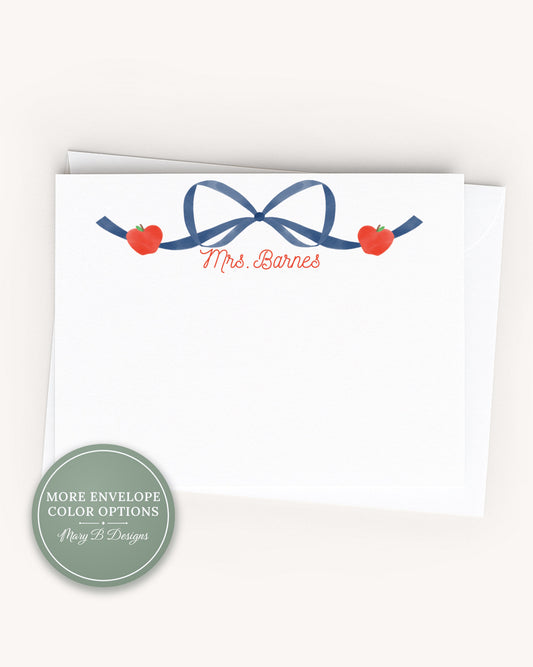 Personalized Apple Blue Bow Flat Note Card, Woman Teacher Notecard Set, Back to school stationery