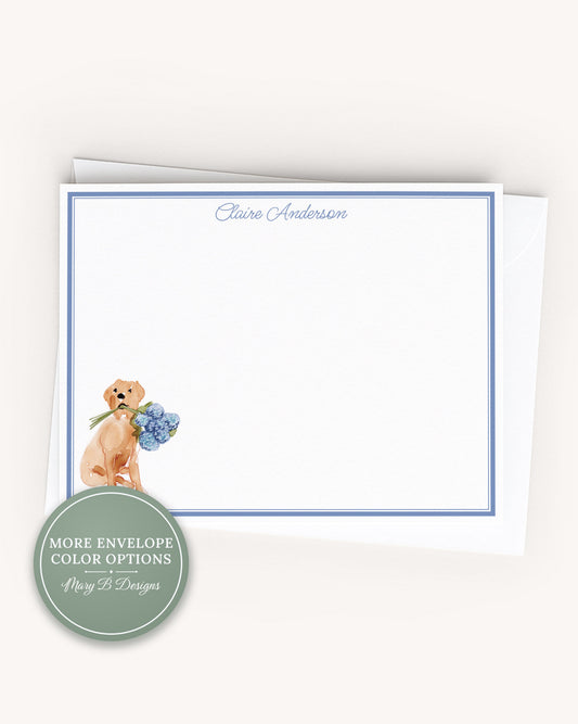 Personalized A2 Size Watercolor Floral Labrador Dog Stationery, Girl Hydrangea Yellow Lab Flat Notecard Set
